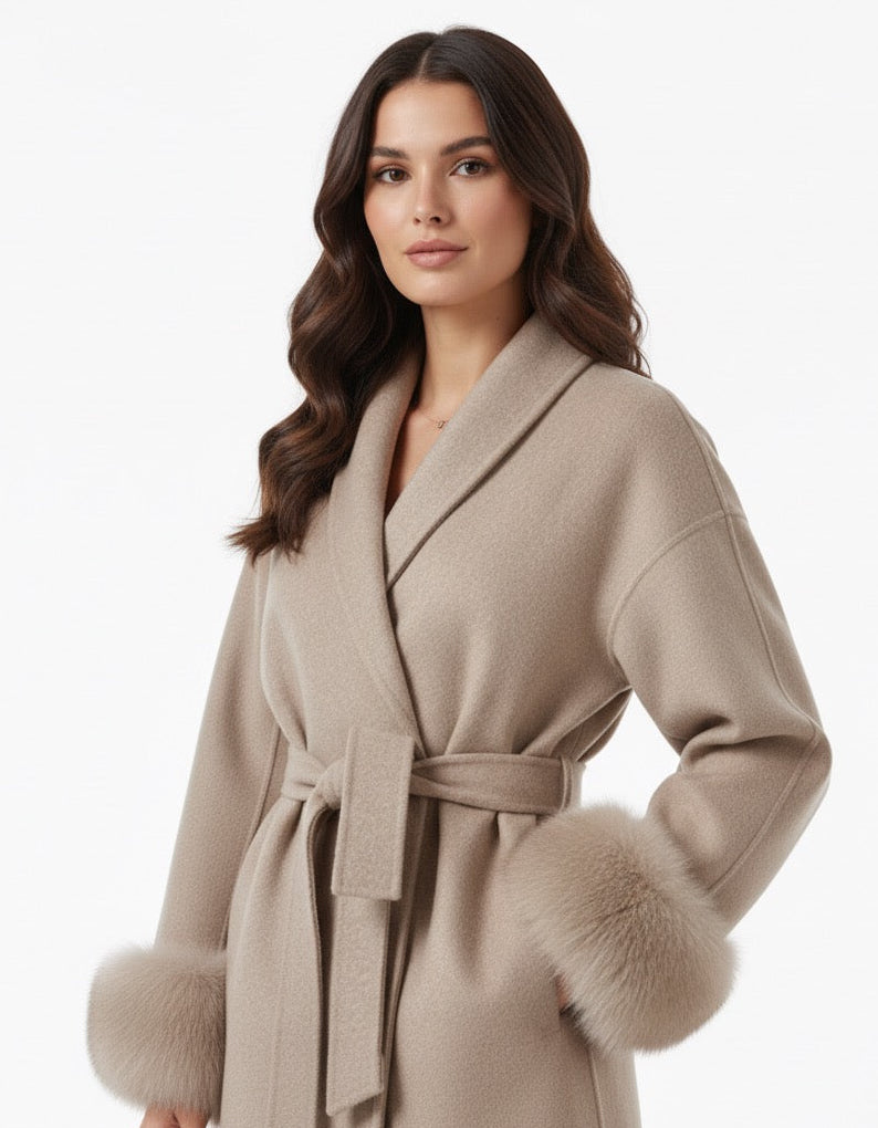 Celine | Wool Blend Belted Coat with Faux Fur Cuffs