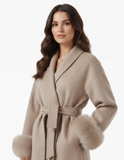 Celine | Wool Blend Belted Coat with Faux Fur Cuffs