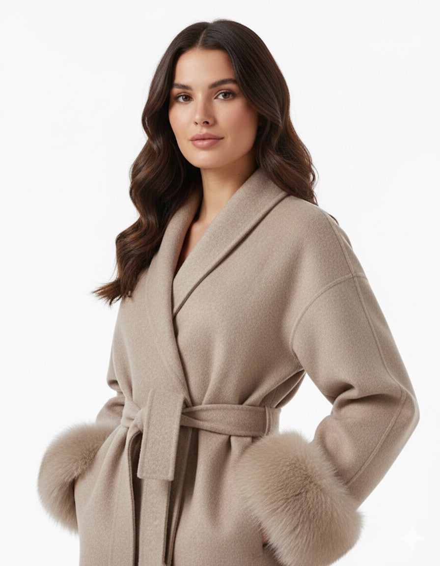 Celine | Wool Blend Belted Coat with Faux Fur Cuffs