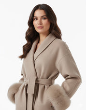 Celine | Wool Blend Belted Coat with Faux Fur Cuffs