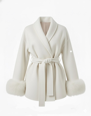 Celine | Wool Blend Belted Coat with Faux Fur Cuffs