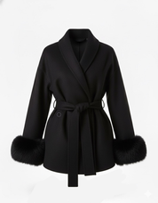 Celine | Wool Blend Belted Coat with Faux Fur Cuffs