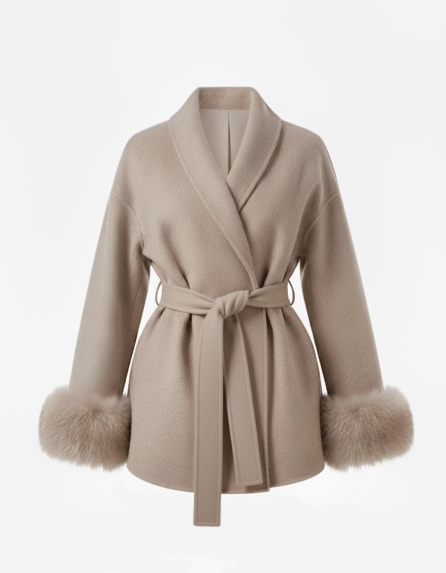 Celine | Wool Blend Belted Coat with Faux Fur Cuffs