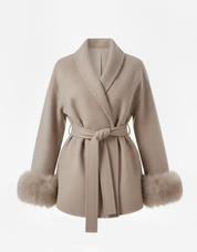 Celine | Wool Blend Belted Coat with Faux Fur Cuffs
