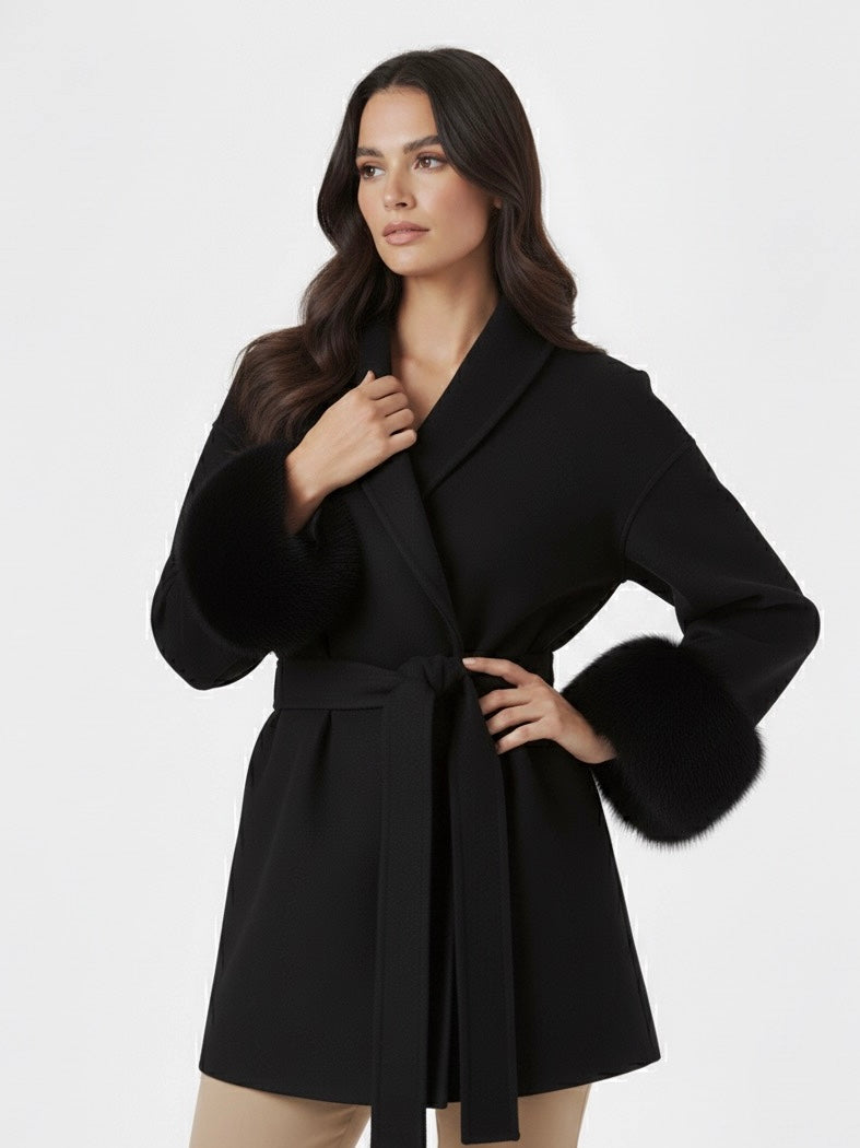 Celine | Wool Blend Belted Coat with Faux Fur Cuffs
