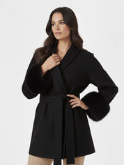 Celine | Wool Blend Belted Coat with Faux Fur Cuffs