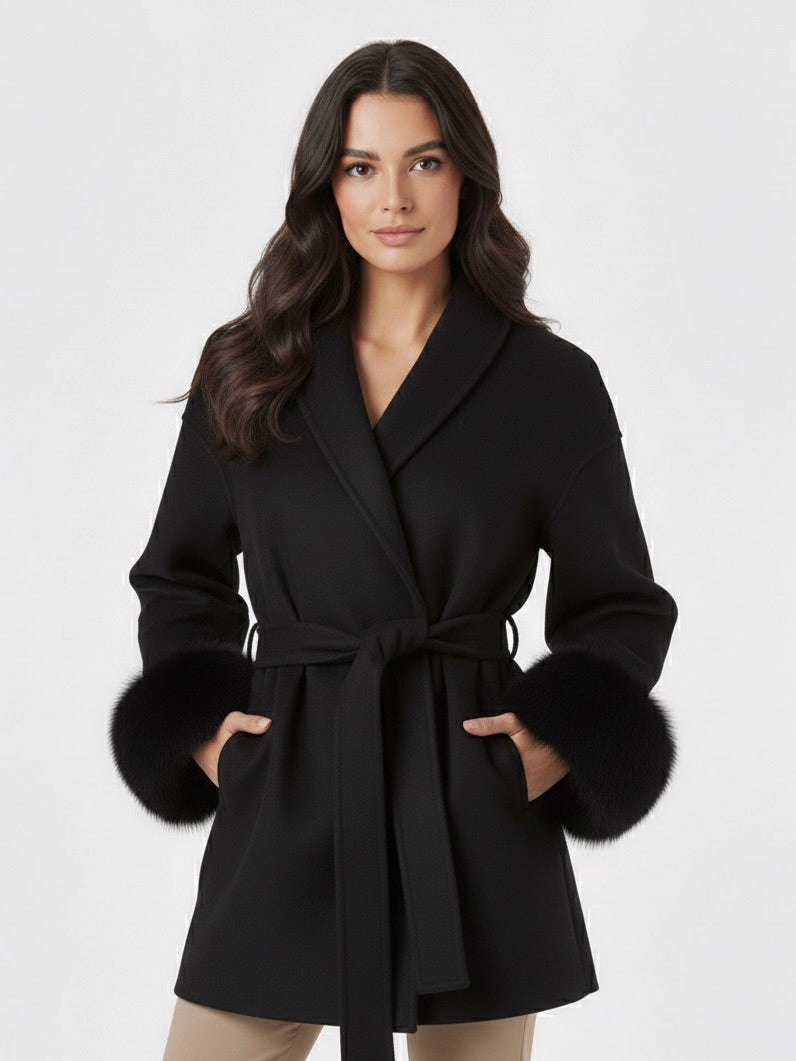 Celine | Wool Blend Belted Coat with Faux Fur Cuffs