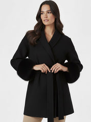 Celine | Wool Blend Belted Coat with Faux Fur Cuffs