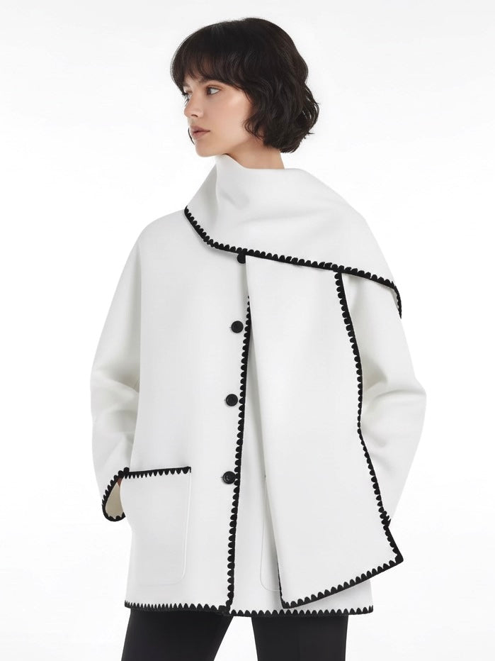 Nellie | Black Wool Cape Coat with Contrast Trim