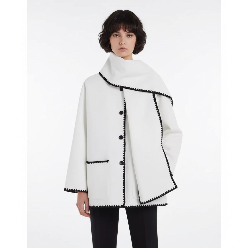 Nellie | Black Wool Cape Coat with Contrast Trim