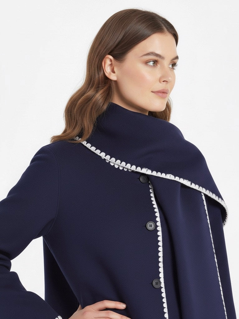 Nellie | Black Wool Cape Coat with Contrast Trim