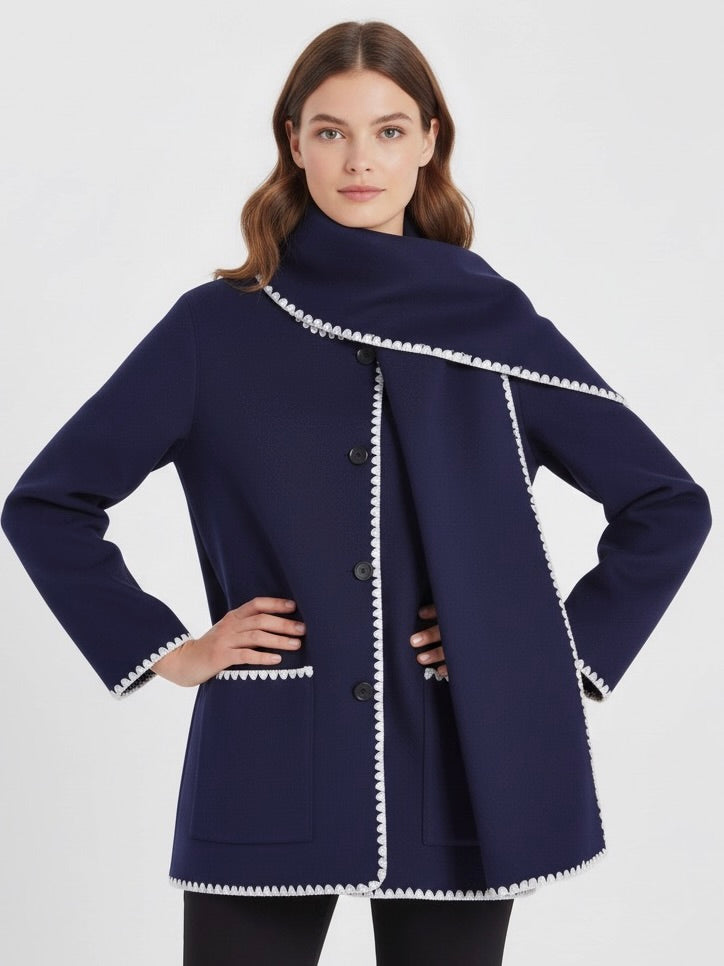 Nellie | Black Wool Cape Coat with Contrast Trim