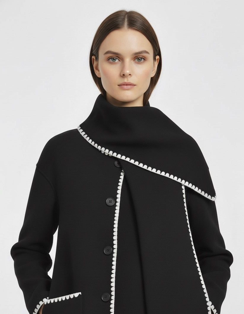 Nellie | Black Wool Cape Coat with Contrast Trim