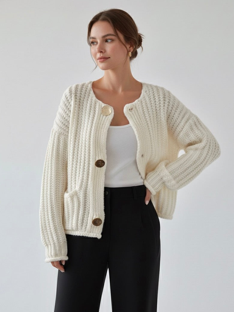 Rae | Cream Chunky Knit Cardigan with Gold Buttons
