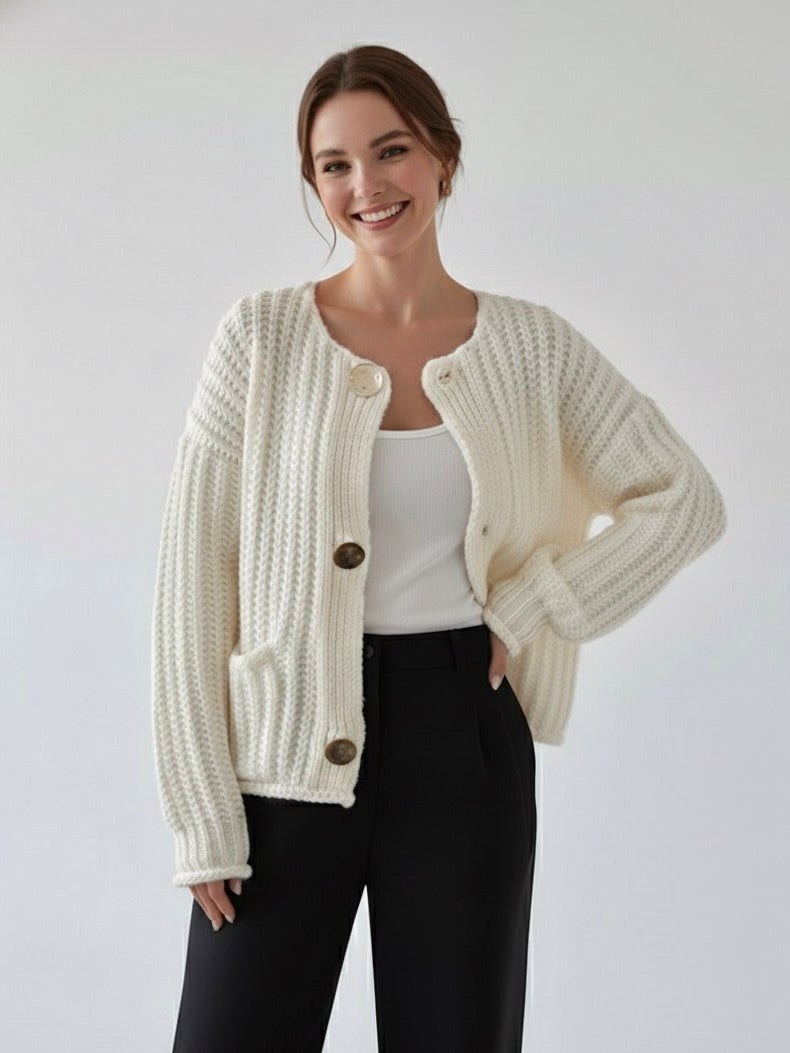 Rae | Cream Chunky Knit Cardigan with Gold Buttons