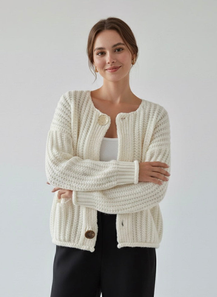 Rae | Cream Chunky Knit Cardigan with Gold Buttons