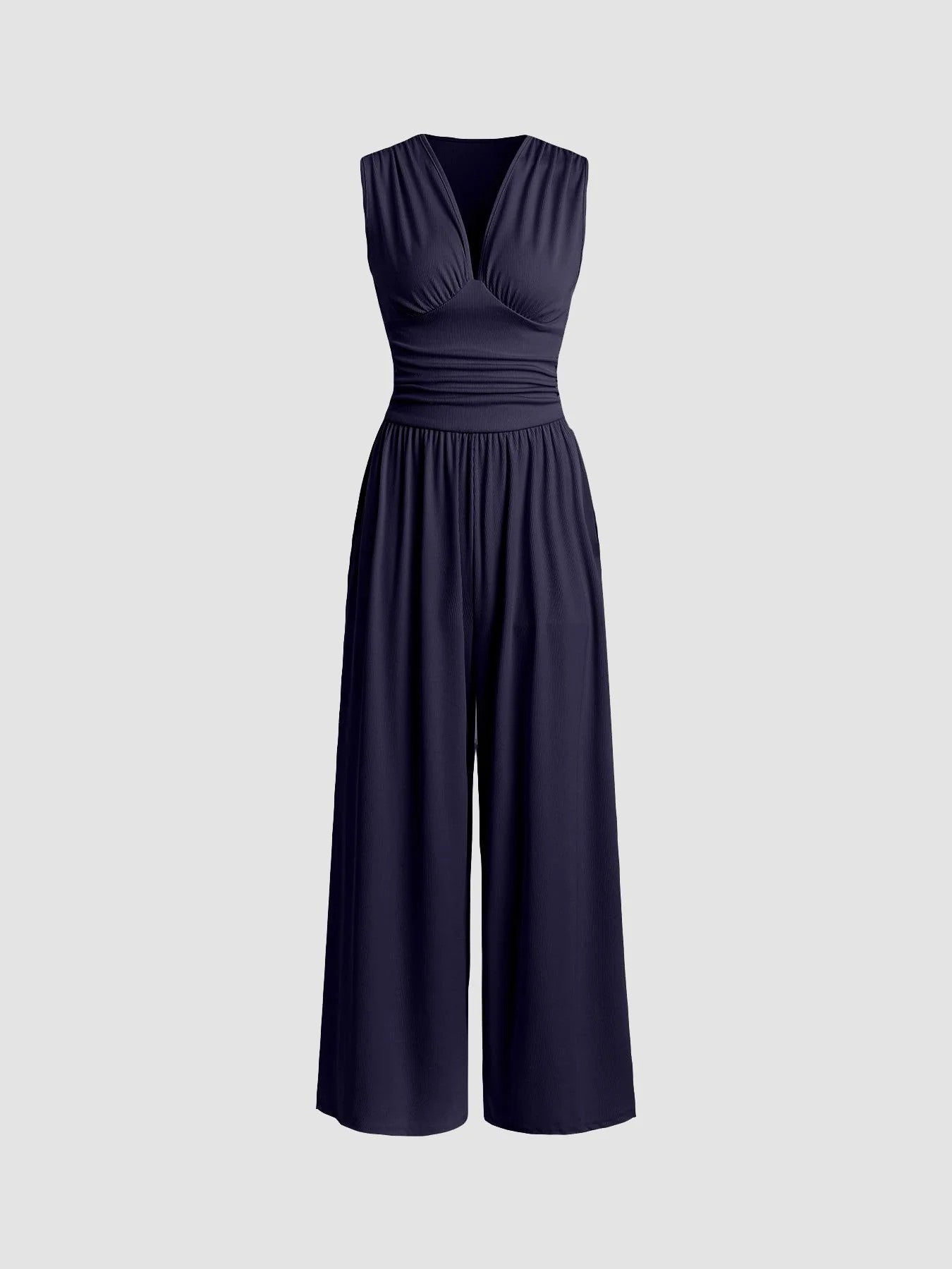 Navy sleeveless jumpsuit with deep V neckline, ruched waist and wide-leg trousers