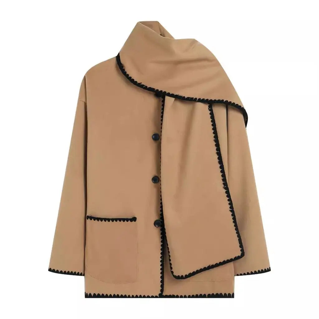 Nellie | Black Wool Cape Coat with Contrast Trim
