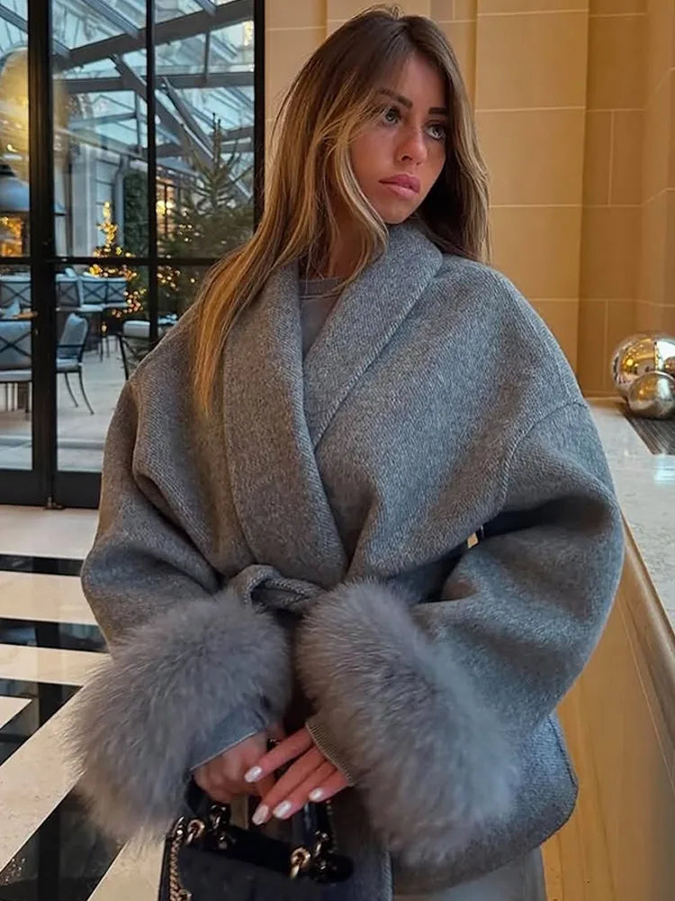 Celine | Wool Blend Belted Coat with Faux Fur Cuffs