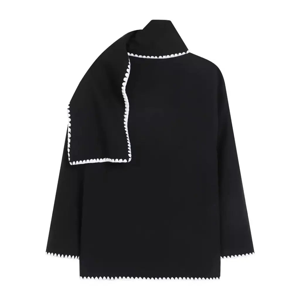 Nellie | Black Wool Cape Coat with Contrast Trim