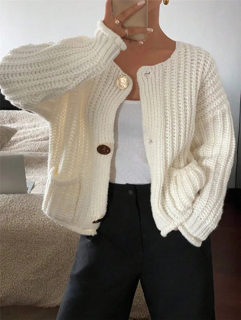 Rae | Cream Chunky Knit Cardigan with Gold Buttons