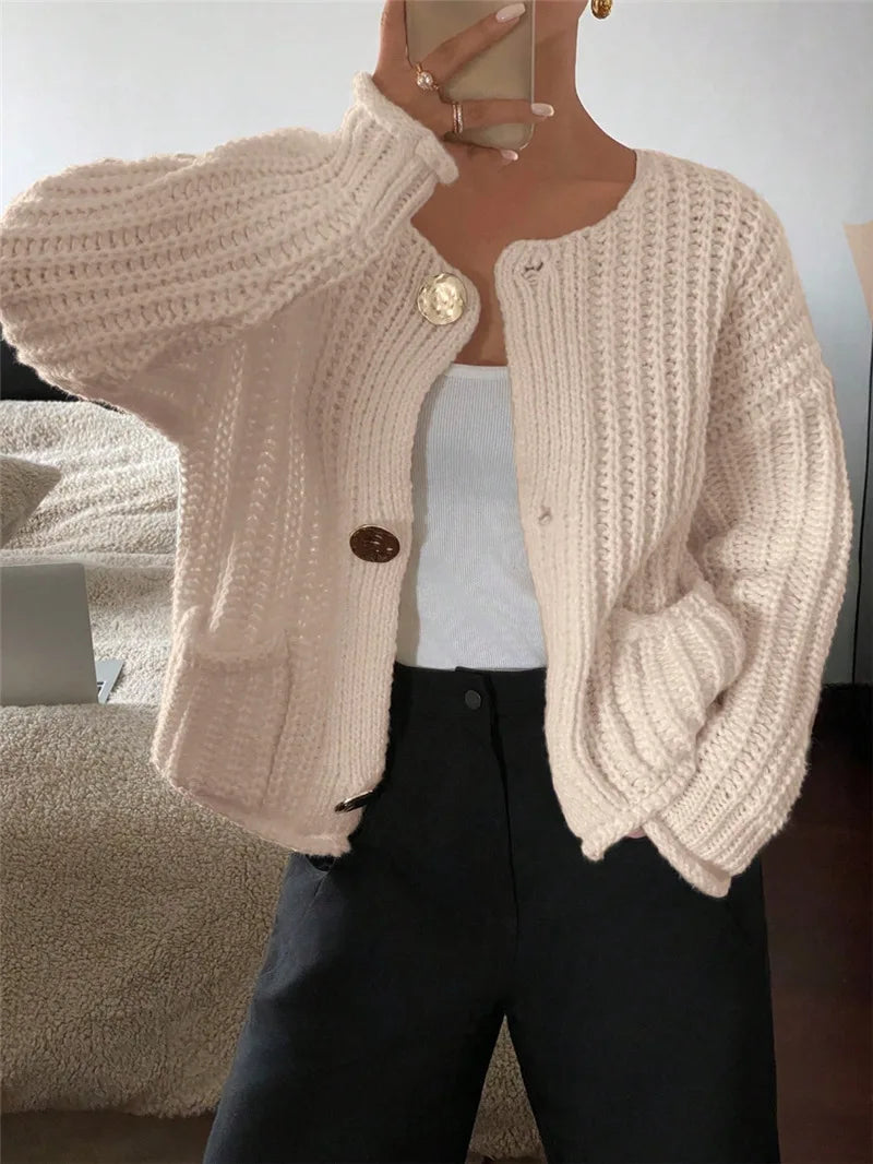 Rae | Cream Chunky Knit Cardigan with Gold Buttons
