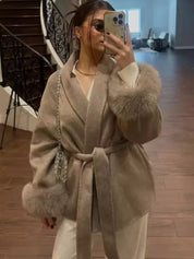 Celine | Wool Blend Belted Coat with Faux Fur Cuffs