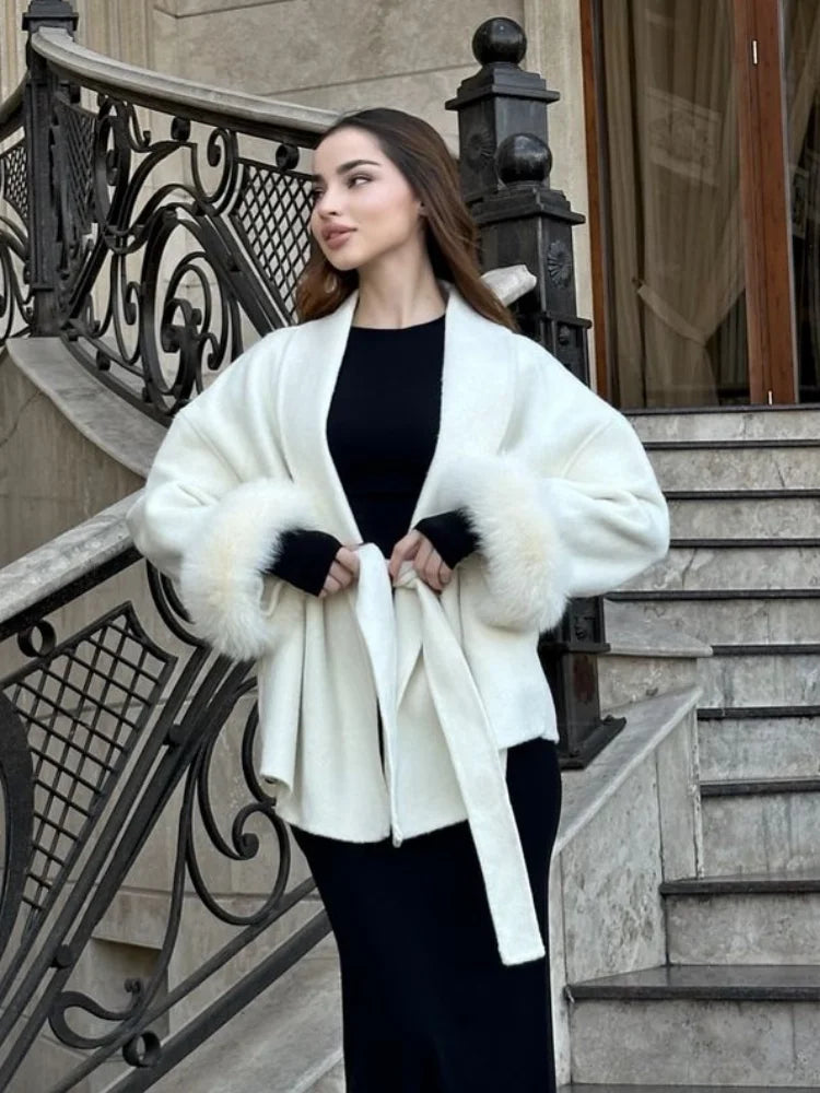 Celine | Wool Blend Belted Coat with Faux Fur Cuffs