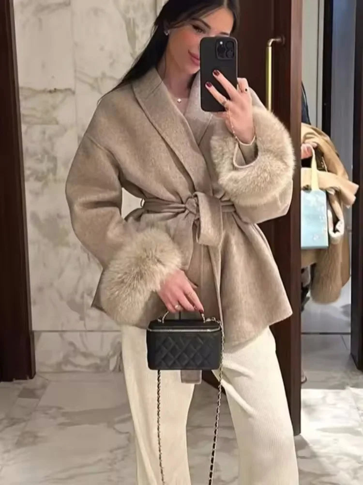 Celine | Wool Blend Belted Coat with Faux Fur Cuffs