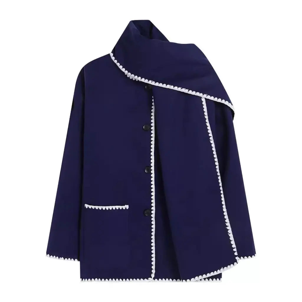 Nellie | Black Wool Cape Coat with Contrast Trim