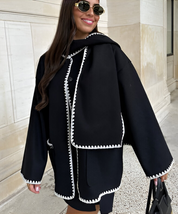 Nellie | Black Wool Cape Coat with Contrast Trim