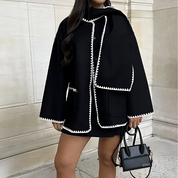 Nellie | Black Wool Cape Coat with Contrast Trim