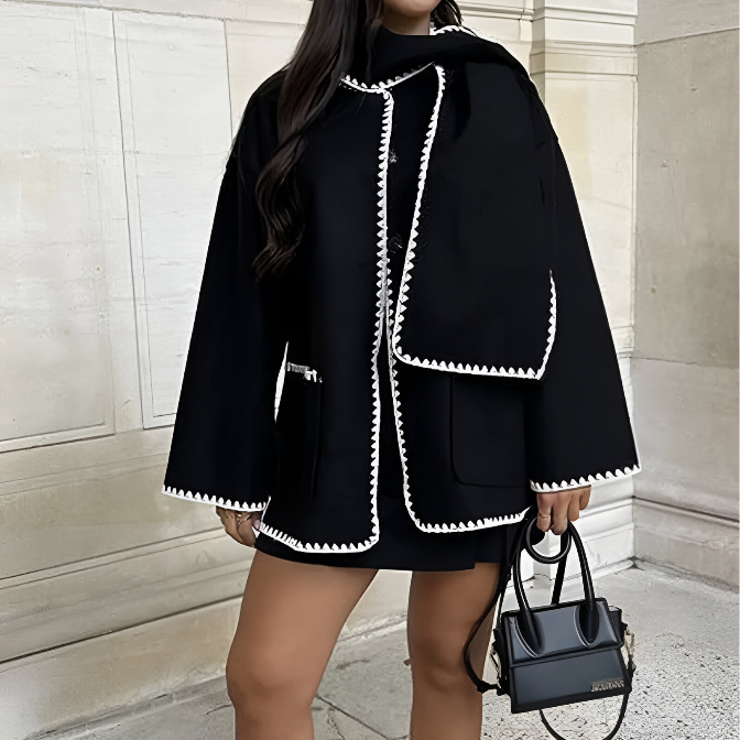 Nellie | Black Wool Cape Coat with Contrast Trim