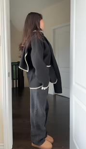 Nellie | Black Wool Cape Coat with Contrast Trim