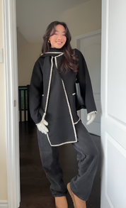 Nellie | Black Wool Cape Coat with Contrast Trim