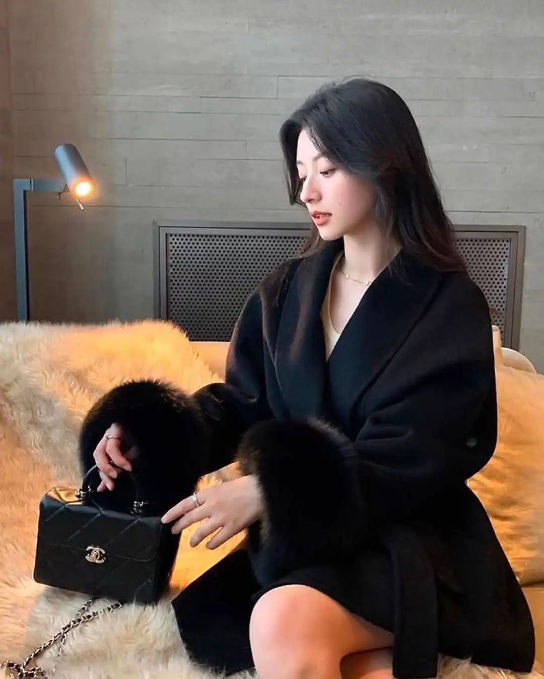 Celine | Wool Blend Belted Coat with Faux Fur Cuffs
