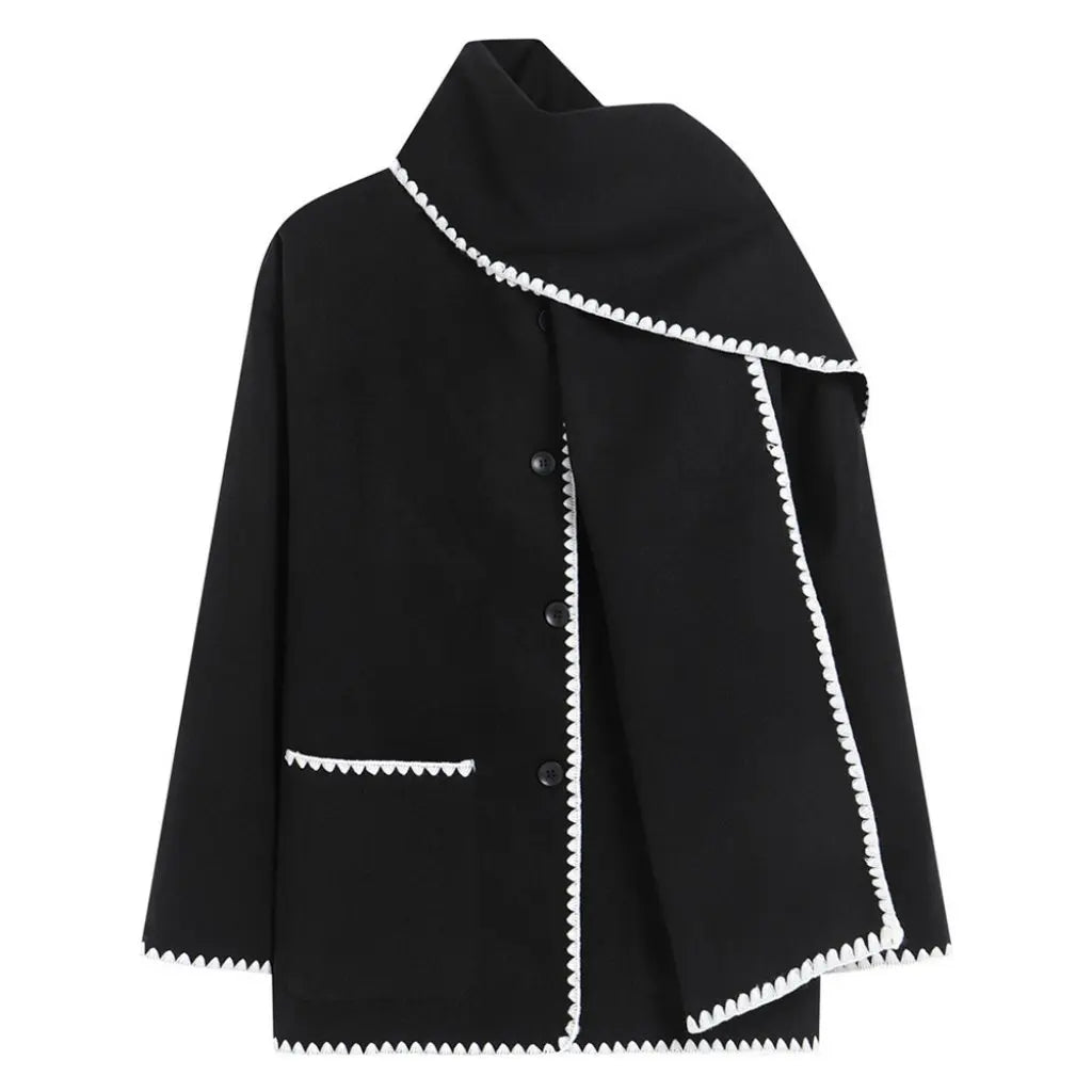 Nellie | Black Wool Cape Coat with Contrast Trim