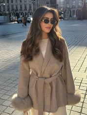 Celine | Wool Blend Belted Coat with Faux Fur Cuffs