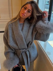 Celine | Wool Blend Belted Coat with Faux Fur Cuffs