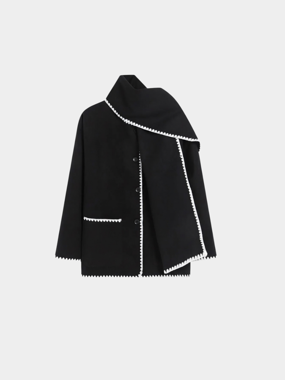 Nellie | Black Wool Cape Coat with Contrast Trim