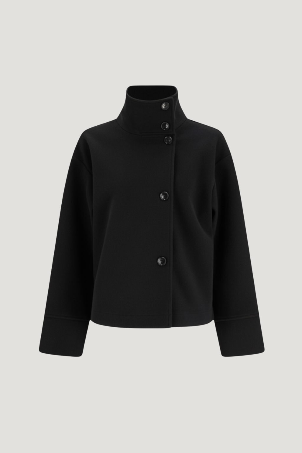 Black high-neck jacket with asymmetrical buttons and structured silhouette, featuring wide sleeves and a minimalist design for modern everyday styling.