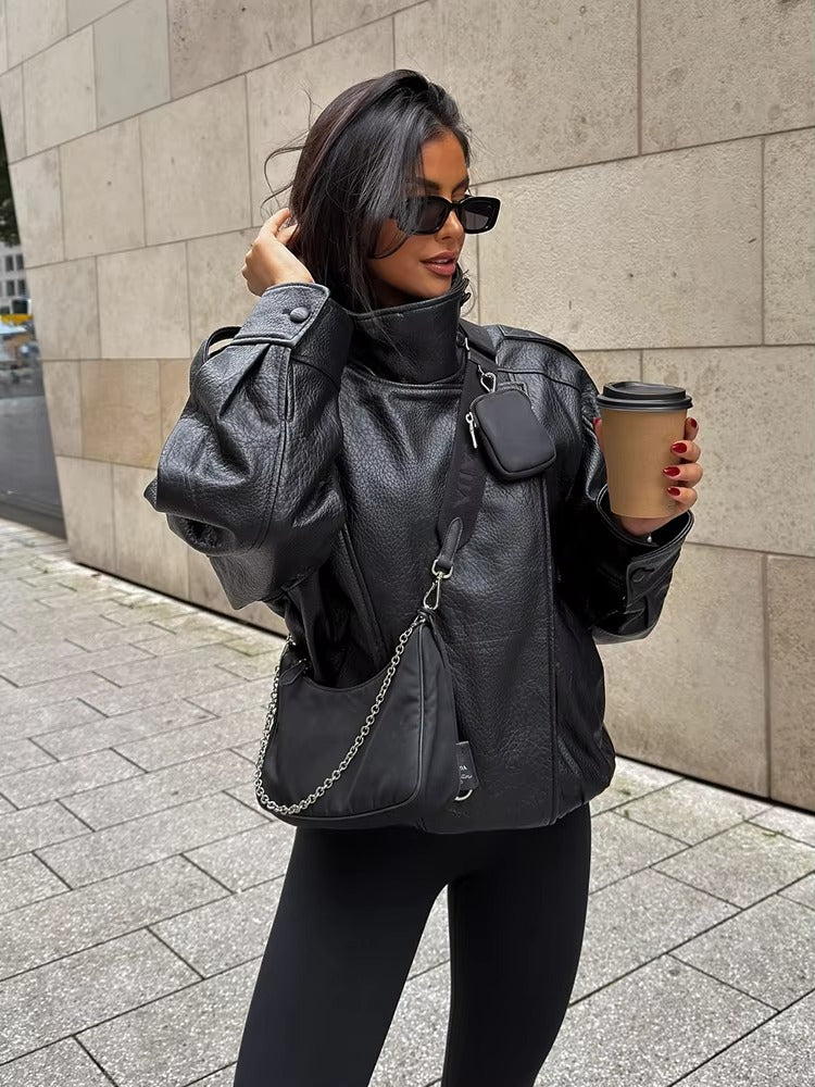 Felicia | Oversized High-Neck Faux Leather Jacket – HORUS