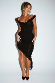 Aria | Black Frill Mesh Midi Dress