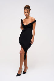 Aria | Black Frill Mesh Midi Dress