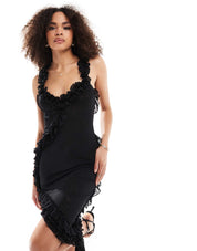 Aria | Black Frill Mesh Midi Dress