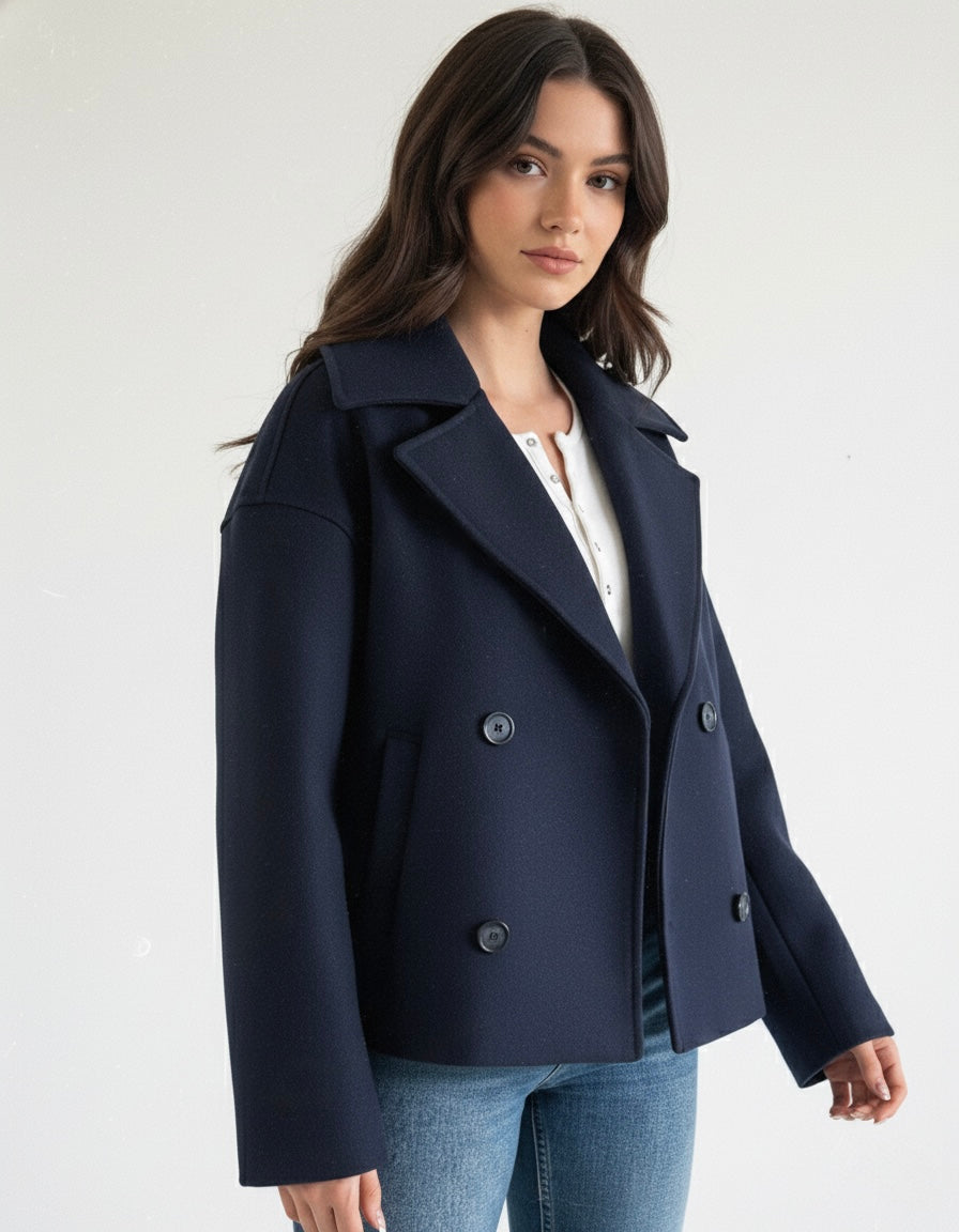 Wool Blend Double-Breasted Trench Coat for women. Features wide lapels, double front button fastening and structured tailoring. Ideal outerwear for autumn and winter layering with a refined, minimalist fit.