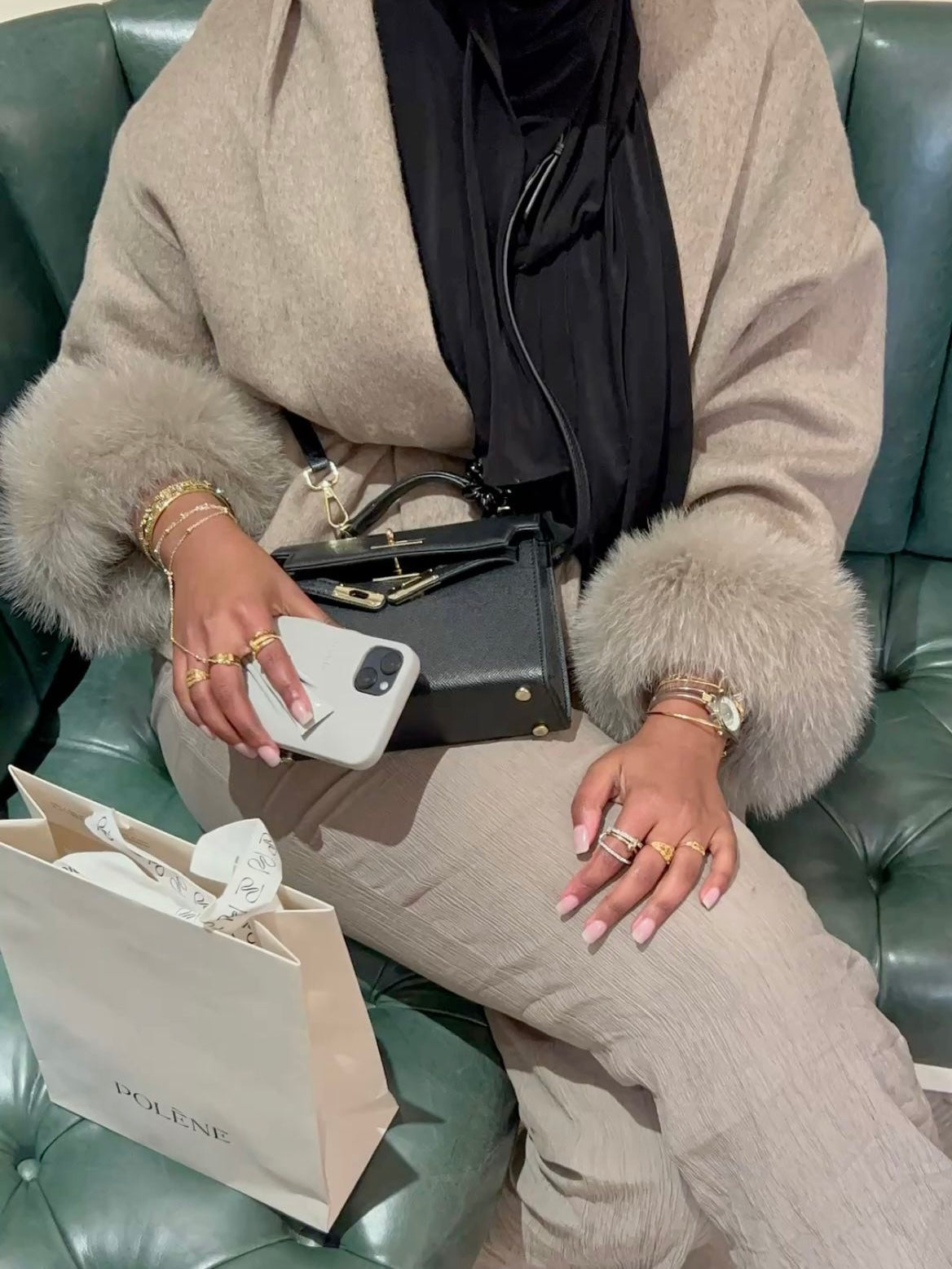 Celine | Wool Blend Belted Coat with Faux Fur Cuffs