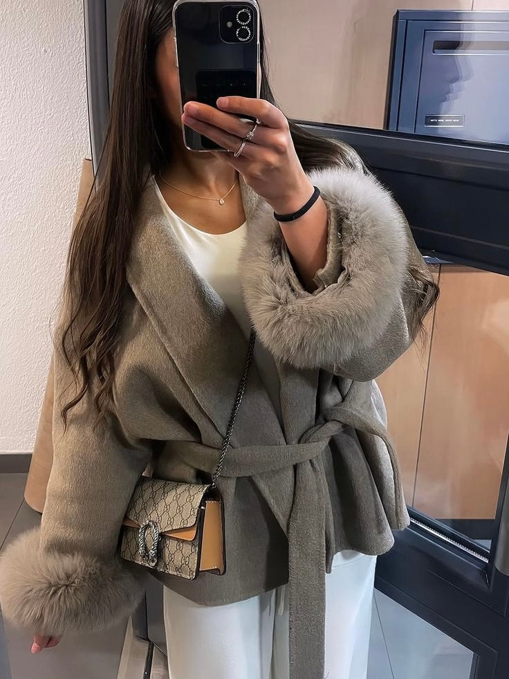 Celine | Wool Blend Belted Coat with Faux Fur Cuffs