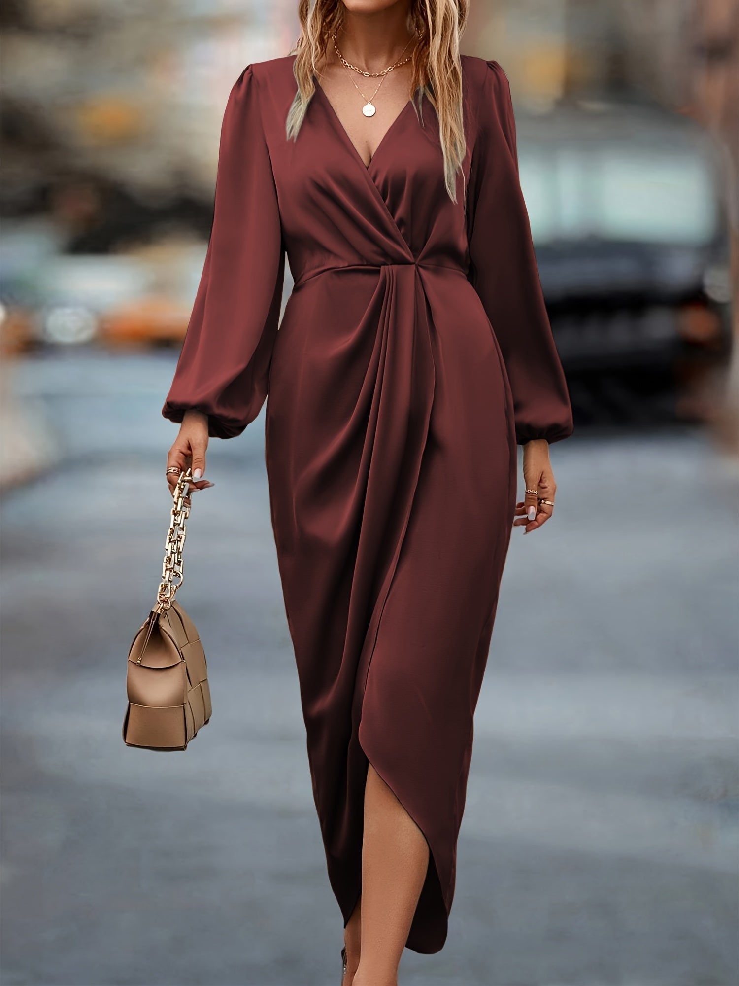 Surplice Neck Long Sleeve Formal Dress for Women