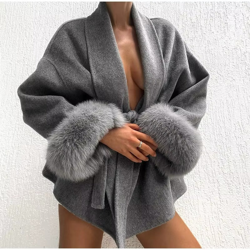 Celine | Wool Blend Belted Coat with Faux Fur Cuffs